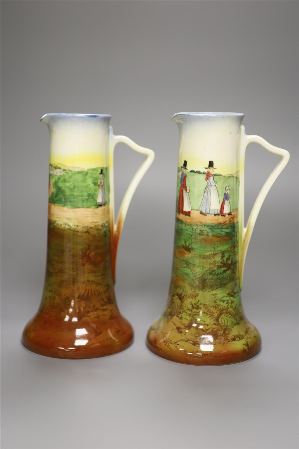 A pair of Royal Doulton Seriesware jugs, a Doulton figure, Little Boy Blue and Worcester figure, Joan and Royal Copenhagen figure of fa